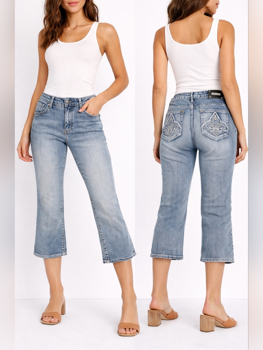True Luxe Toronto Embellished Fleur De Lis Capri Jeans Women's 31 Blue Denim Y2K